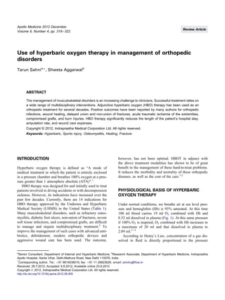 Use of Hyperbaric Oxygen Therapy in Management of Orthopedic Disorders ...