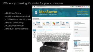 Efficiency : making life easier for your customers


   Dell IdeaStorm
   440 ideas implemented
   15,000 ideas contributed
   Brand positioning
   Customer service
   Product development




                                                     14
 