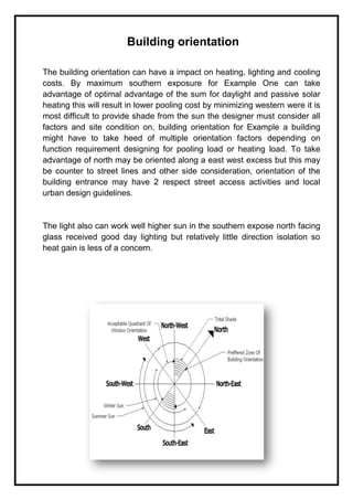Building orientation
The building orientation can have a impact on heating, lighting and cooling
costs. By maximum southern exposure for Example One can take
advantage of optimal advantage of the sum for daylight and passive solar
heating this will result in lower pooling cost by minimizing western were it is
most difficult to provide shade from the sun the designer must consider all
factors and site condition on, building orientation for Example a building
might have to take heed of multiple orientation factors depending on
function requirement designing for pooling load or heating load. To take
advantage of north may be oriented along a east west excess but this may
be counter to street lines and other side consideration, orientation of the
building entrance may have 2 respect street access activities and local
urban design guidelines.
The light also can work well higher sun in the southern expose north facing
glass received good day lighting but relatively little direction isolation so
heat gain is less of a concern.
 