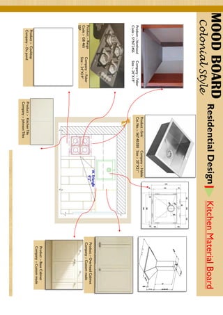 KitchenMaterialBoardResidentialDesign
Product:-Range
Code:-GB465
SSP
Company:-Faber
Size:-24”X19”
Product:-Venthood
Code:-SYNT24SS
Company:-Faber
Size:-24”X19”
Product:-Sink`
Cat.No.:-567.40.030
Company:-Hafele
Size:-20”X21”
Product:-BaseCabinet
Company:-Custommade
Product:-Cooktop
Company:-DupondProduct:-KitchenTile
Company:-JohnsonTiles
MOODBOARD
ColonialStyle
Product:-OverheadCabinet
Company:-Custommade
 