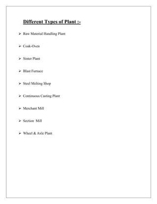 Different Types of Plant :-
 Raw Material Handling Plant
 Coak-Oven
 Sinter Plant
 Blast Furnace
 Steel Melting Shop
 Continuous Casting Plant
 Merchant Mill
 Section Mill
 Wheel & Axle Plant
 