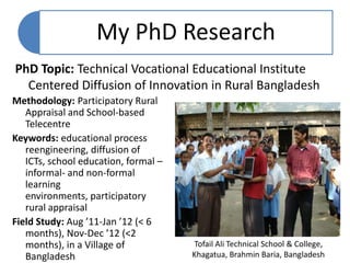 PhD Topic: Technical Vocational Educational Institute Centered Diffusion of Innovation in Rural Bangladesh<br />Methodolog...