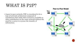  A peer-to-peer network, P2P, is considered to be a
type of network architecture composed of
contributors that make their resources available to
other contributors on the same network without the
need for a server to oversee the transfer of
information.
 