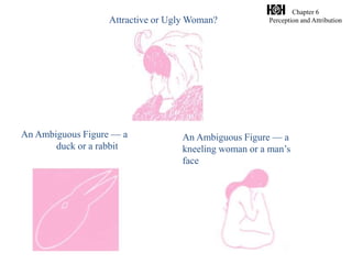 Chapter 6
Perception and Attribution
Attractive or Ugly Woman?
An Ambiguous Figure — a
duck or a rabbit
An Ambiguous Figure — a
kneeling woman or a man’s
face
 