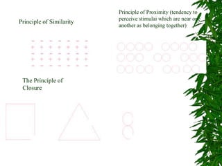Principle of Similarity
Principle of Proximity (tendency to
perceive stimulai which are near one
another as belonging together)
The Principle of
Closure
 