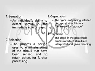 Chapter 6
Perception and Attribution
1. Sensation
– An individual’s ability to
detect stimuli in the
immediate environment.
2. Selection
– The process a person
uses to eliminate some
of the stimuli that have
been sensed and to
retain others for further
processing.
3. Organization
– The process of placing selected
perceptual stimuli into a
framework for “storage.”
4. Translation
– The stage of the perceptual
process at which stimuli are
interpreted and given meaning.
 