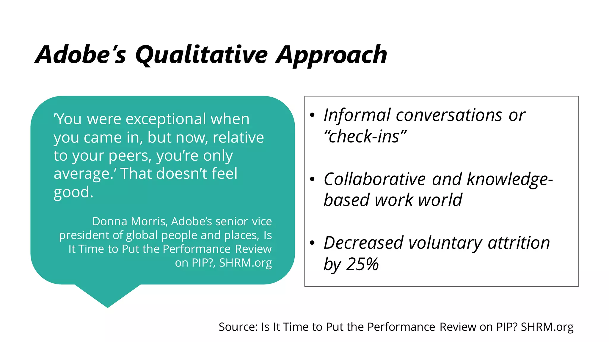 ’You were exceptional when
you came in, but now, relative
to your peers, you’re only
average.’ That doesn’t feel
good.
Donna Morris, Adobe’s senior vice
president of global people and places, Is
It Time to Put the Performance Review
on PIP?, SHRM.org
Adobe’s Qualitative Approach
• Informal conversations or
“check-ins”
• Collaborative and knowledge-
based work world
• Decreased voluntary attrition
by 25%
Source: Is It Time to Put the Performance Review on PIP? SHRM.org
 