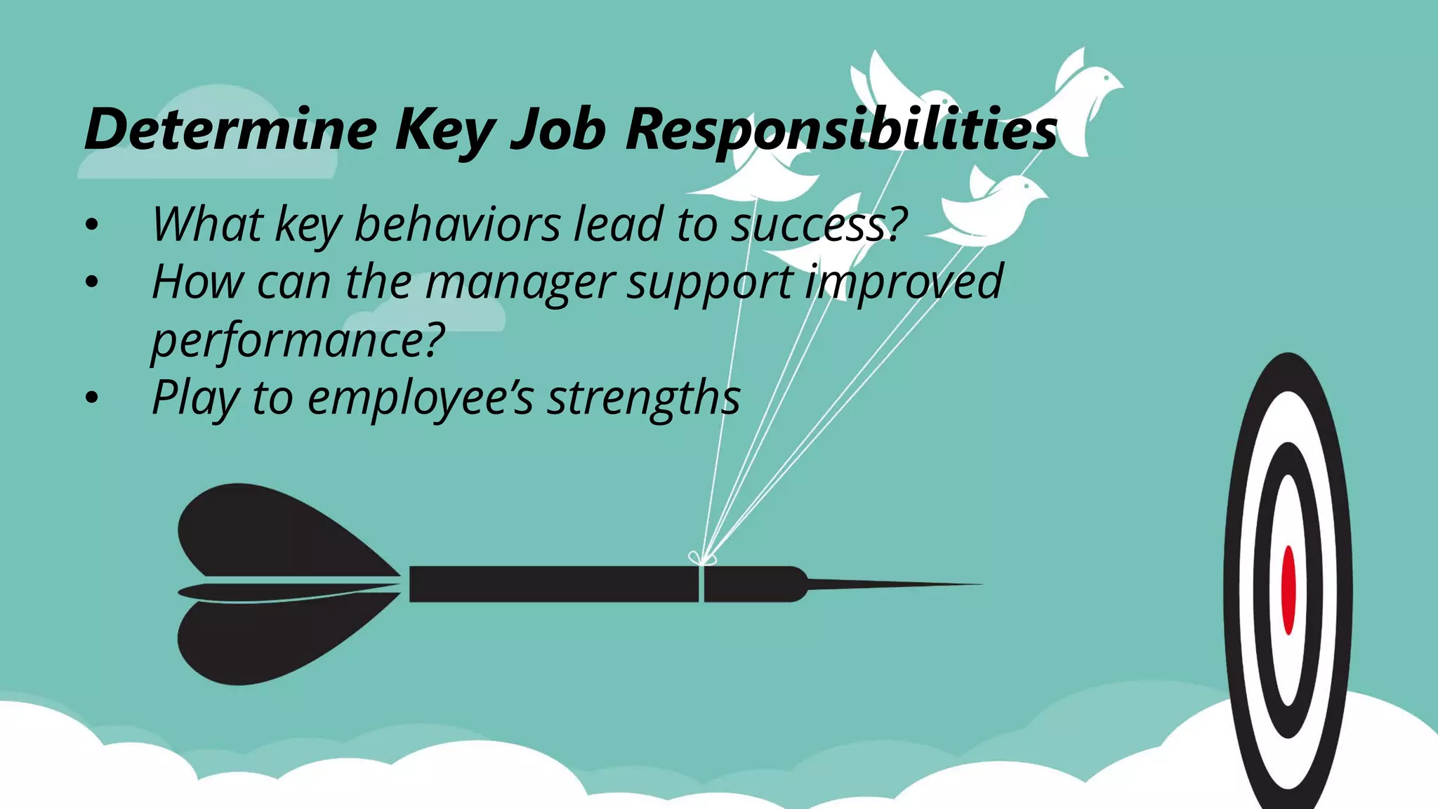 Determine Key Job Responsibilities
• What key behaviors lead to success?
• How can the manager support improved
performance?
• Play to employee’s strengths
 