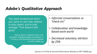 ’You were exceptional when
you came in, but now, relative
to your peers, you’re only
average.’ That doesn’t feel
good.
Donna Morris, Adobe’s senior vice
president of global people and places, Is
It Time to Put the Performance Review
on PIP?, SHRM.org
Adobe’s Qualitative Approach
• Informal conversations or
“check-ins”
• Collaborative and knowledge-
based work world
• Decreased voluntary attrition
by 25%
Source: Is It Time to Put the Performance Review on PIP? SHRM.org
 