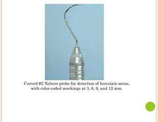 Curved #2 Nabers probe for detection of furcation areas,
with color-coded markings at 3, 6, 9, and 12 mm.
 