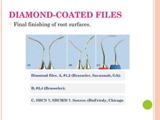 DIAMOND-COATED FILES
○ Final finishing of root surfaces.
Diamond files. A, #1,2 (Brasseler, Savannah, GA);
B, #3,4 (Brasseler);
C, SDCN 7, SDCM/D 7. Source: (HuFriedy, Chicago
 
