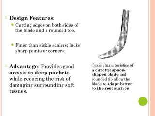 ○ Design Features:
● Cutting edges on both sides of
the blade and a rounded toe.
● Finer than sickle scalers; lacks
sharp points or corners.
○ Advantage: Provides good
access to deep pockets
while reducing the risk of
damaging surrounding soft
tissues.
Basic characteristics of
a curette: spoon-
shaped blade and
rounded tip allow the
blade to adapt better
to the root surface
 