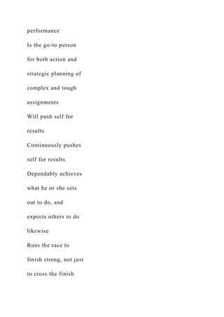 performance
Is the go-to person
for both action and
strategic planning of
complex and tough
assignments
Will push self for
results
Continuously pushes
self for results
Dependably achieves
what he or she sets
out to do, and
expects others to do
likewise
Runs the race to
finish strong, not just
to cross the finish
 