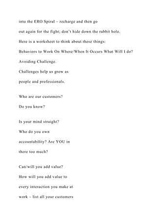 into the ERO Spiral – recharge and then go
out again for the fight; don’t hide down the rabbit hole.
Here is a worksheet to think about these things:
Behaviors to Work On Where/When It Occurs What Will I do?
Avoiding Challenge.
Challenges help us grow as
people and professionals.
Who are our customers?
Do you know?
Is your mind straight?
Who do you own
accountability? Are YOU in
there too much?
Can/will you add value?
How will you add value to
every interaction you make at
work – list all your customers
 