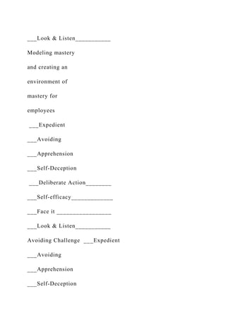 ___Look & Listen___________
Modeling mastery
and creating an
environment of
mastery for
employees
___Expedient
___Avoiding
___Apprehension
___Self-Deception
___Deliberate Action________
___Self-efficacy_____________
___Face it _________________
___Look & Listen___________
Avoiding Challenge ___Expedient
___Avoiding
___Apprehension
___Self-Deception
 