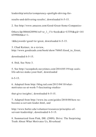 leadership/articles/competency-spotlight-driving-for-
results-and-delivering-results/, downloaded 6-5-15.
2. See http://www.amazon.com/Good-Great-Some-Companies-
Others/dp/0066620996/ref=sr_1_1?s=books&ie=UTF8&qid=141
6599068&sr=1-
1&keywords=good+to+great, downloaded 6-5-15.
3. Chad Kettner, in a review,
http://www.goodreads.com/book/show/76865.Good_to_Great,
downloaded 6-5-15.
4. Ibid, See Note 3.
5. See http://scoopdeck.navytimes.com/2014/05/19/top-seals-
life-advice-make-your-bed/, downloaded
6-5-15.
6. Adapted from http://blog.ted.com/2013/04/10/what-
motivates-us-at-work-7-fascinating-studies-
that-give-insights/, downloaded 6-5-15.
7. Adapted from http://www.inc.com/guides/2010/08/how-to-
become-a-servant-leader.html, and
http://www.butler.edu/volunteer/resources/principles-of-
servant-leadership/, downloaded 6-5-15.
8. Summarized from Pink, DH. (2009). Drive: The Surprising
Truth About What Motivates Us, Riverhead
 