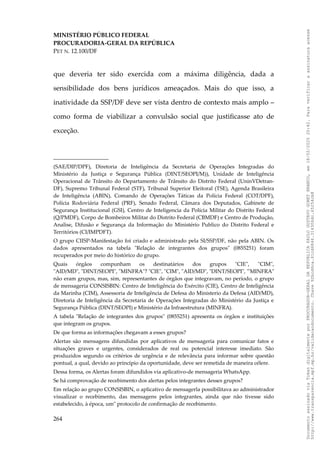 MINISTÉRIO PÚBLICO FEDERAL
PROCURADORIA-GERAL DA REPÚBLICA
PET N. 12.100/DF
que deveria ter sido exercida com a máxima diligência, dada a
sensibilidade dos bens jurídicos ameaçados. Mais do que isso, a
inatividade da SSP/DF deve ser vista dentro de contexto mais amplo –
como forma de viabilizar a convulsão social que justificasse ato de
exceção.
(SAE/DIP/DPF), Diretoria de Inteligência da Secretaria de Operações Integradas do
Ministério da Justiça e Segurança Pública (DINT/SEOPI/M)), Unidade de Inteligência
Operacional de Trânsito do Departamento de Trânsito do Distrito Federal (UninVDetran-
DF), Supremo Tribunal Federal (STF), Tribunal Superior Eleitoral (TSE), Agenda Brasileira
de Inteligência (ABIN), Comando de Operações Táticas da Polícia Federal (COT/DPF),
Polícia Rodoviária Federal (PRF), Senado Federal, Câmara dos Deputados, Gabinete de
Segurança Institucional (GSI), Centro de Inteligencia da Polícia Militar do Distrito Federal
(Q/PMDF), Corpo de Bombeiros Militar do Distrito Federal (CBMDF) e Centro de Produção,
Analise, Difusão e Segurança da Informação do Ministério Publico do Distrito Federal e
Territórios (CI/IMPDFT).
O grupo CIISP-Manifestação foi criado e administrado pela SI/SSP/DF, não pela ABIN. Os
dados apresentados na tabela "Relação de integrantes dos grupos" (0855251) foram
recuperados por meio do histórico do grupo.
Quais órgãos compunham os destinatários dos grupos "CIE", "CIM",
"AID/MD", "DINT/SEOPI", "MINFRA"? "CIE", "CIM", "AID/MD", "DINT/SEOPI", "'MINFRA"
não eram grupos, mas, sim, representantes de órgãos que integravam, no período, o grupo
de mensageria CONSISBIN: Centro de Inteligência do Exército (CIE), Centro de Inteligência
da Marinha (CIM), Assessoria de Inteligência de Defesa do Ministerio da Defesa (AID/MD),
Diretoria de Inteligência da Secretaria de Operações Integradas do Ministério da Justiça e
Segurança Pública (DINT/SEOPI) e Ministério da Infraestrutura (MINFRA).
A tabela "Relação de integrantes dos grupos" (0855251) apresenta os órgãos e instituições
que integram os grupos.
De que forma as informações chegavam a esses grupos?
Alertas são mensagens difundidas por aplicativos de mensageria para comunicar fatos e
situações graves e urgentes, considerados de real ou potencial interesse imediato. São
produzidos segundo os critérios de urgência e de relevância para informar sobre questão
pontual, a qual, devido ao princípio da oportunidade, deve ser remetida de maneira célere.
Dessa forma, os Alertas foram difundidos via aplicativo-de mensageria WhatsApp.
Se há comprovação de recebimento dos alertas pelos integrantes desses grupos?
Em relação ao grupo CONSISBIN, o aplicativo de mensagerla possibilitava ao administrador
visualizar o recebimento, das mensagens pelos integrantes, ainda que não tivesse sido
estabelecido, à época, um" protocolo de confirmação de recebimento.
264
Documento
assinado
via
Token
digitalmente
por
PROCURADOR-GERAL
DA
REPUBLICA
PAULO
GUSTAVO
GONET
BRANCO,
em
18/02/2025
20:42.
Para
verificar
a
assinatura
acesse
http://www.transparencia.mpf.mp.br/validacaodocumento.
Chave
92bcd6ca.61cd6846.314306dc.65254cb8
 