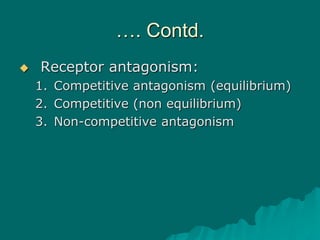 …. Contd.
 Receptor antagonism:
1. Competitive antagonism (equilibrium)
2. Competitive (non equilibrium)
3. Non-competitive antagonism
 