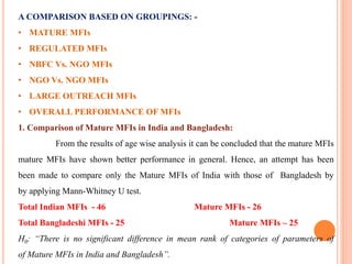 A COMPARISON BASED ON GROUPINGS: -
• MATURE MFIs
• REGULATED MFIs
• NBFC Vs. NGO MFIs
• NGO Vs. NGO MFIs
• LARGE OUTREACH MFIs
• OVERALL PERFORMANCE OF MFIs
1. Comparison of Mature MFIs in India and Bangladesh:
From the results of age wise analysis it can be concluded that the mature MFIs
mature MFIs have shown better performance in general. Hence, an attempt has been
been made to compare only the Mature MFIs of India with those of Bangladesh by
by applying Mann-Whitney U test.
Total Indian MFIs - 46 Mature MFIs - 26
Total Bangladeshi MFIs - 25 Mature MFIs – 25
H0: “There is no significant difference in mean rank of categories of parameters of
of Mature MFIs in India and Bangladesh”.
 