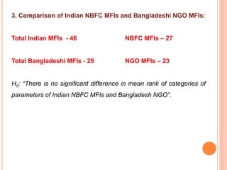 3. Comparison of Indian NBFC MFIs and Bangladeshi NGO MFIs:
Total Indian MFIs - 46 NBFC MFIs – 27
Total Bangladeshi MFIs - 25 NGO MFIs – 23
H0: “There is no significant difference in mean rank of categories of
parameters of Indian NBFC MFIs and Bangladesh NGO”.
 