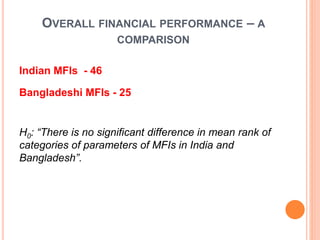 OVERALL FINANCIAL PERFORMANCE – A
COMPARISON
Indian MFIs - 46
Bangladeshi MFIs - 25
H0: “There is no significant difference in mean rank of
categories of parameters of MFIs in India and
Bangladesh”.
 