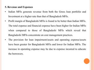 5. Revenue and Expenses
• Indian MFIs generate revenue from both the Gross loan portfolio and
Investment at a higher rate than that of Bangladesh MFIs.
• Profit margin of Bangladeshi MFIs is found to be better than Indian MFIs.
The total expense and financial expense have been higher for Indian MFIs
when compared to those of Bangladeshi MFIs which reveal that
Bangladeshi MFIs concentrate on cost management practices.
• The provision for loan impairment/assets and operating expense/assets
have been greater for Bangladeshi MFIs and lower for Indian MFIs. The
increase in operating expense may be due to expense incurred to educate
the borrowers.
 