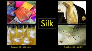 1
Silk
Cocoon silk , silk worm Dragline silk , spider
 