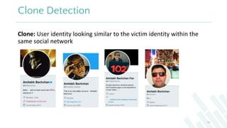 Clone Detection
Clone: User identity looking similar to the victim identity within the
same social network
52
 