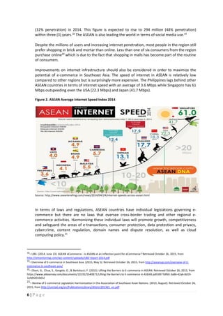 6 | P a g e
(32% penetration) in 2014. This figure is expected to rise to 294 million (48% penetration)
within three (3) years.18
The ASEAN is also leading the world in terms of social media use.19
Despite the millions of users and increasing internet penetration, most people in the region still
prefer shopping in brick and mortar than online. Less than one of six consumers from the region
purchase online20
which is due to the fact that shopping in malls has become part of the routine
of consumers.
Improvements on internet infrastructure should also be considered in order to maximize the
potential of e-commerce in Southeast Asia. The speed of internet in ASEAN is relatively low
compared to other regions but is surprisingly more expensive. The Philippines lags behind other
ASEAN countries in terms of internet speed with an average of 3.6 Mbps while Singapore has 61
Mbps outspeeding even the USA (22.3 Mbps) and Japan (41.7 Mbps).
Figure 2. ASEAN Average Internet Speed Index 2014
Source: http://www.aseanbriefing.com/news/2014/04/24/internet-speeds-across-asean.html
In terms of laws and regulations, ASEAN countries have individual legislations governing e-
commerce but there are no laws that oversee cross-border trading and other regional e-
commerce activities. Harmonizing these individual laws will promote growth, competitiveness
and safeguard the areas of e-transactions, consumer protection, data protection and privacy,
cybercrime, content regulation, domain names and dispute resolution, as well as cloud
computing policy.21
18
– UBS. (2014, June 13). ASEAN eCommerce - Is ASEAN at an inflection point for eCommerce? Retrieved October 26, 2015, from
http://simontorring.com/wp-content/uploads/UBS-report-2014.pdf
19
– Overview of E-commerce in Southeast Asia. (2015, May 5). Retrieved October 26, 2015, from http://aseanup.com/overview-of-E-
commerce-in-southeast-asia/
20
– Olsen, G., Chua, S., Gergele, O., & Bartolucci, F. (2015). Lifting the Barriers to E-commerce in ASEAN. Retrieved October 26, 2015, from
https://www.atkearney.com/documents/10192/5540871/Lifting the Barriers to E-commerce in ASEAN.pdf/d977df60-3a86-42a6-8d19-
1efd92010d52
21– Review of E-commerce Legislation Harmonization in the Association of Southeast Asian Nations. (2013, August). Retrieved October 26,
2015, from http://unctad.org/en/PublicationsLibrary/dtlstict2013d1_en.pdf
 
