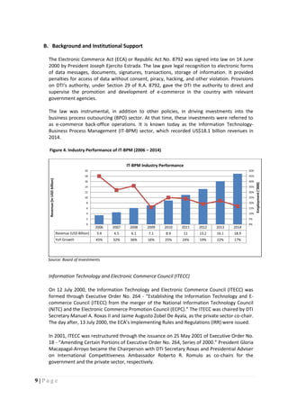9 | P a g e
B. Background and Institutional Support
The Electronic Commerce Act (ECA) or Republic Act No. 8792 was signed into law on 14 June
2000 by President Joseph Ejercito Estrada. The law gave legal recognition to electronic forms
of data messages, documents, signatures, transactions, storage of information. It provided
penalties for access of data without consent, piracy, hacking, and other violation. Provisions
on DTI’s authority, under Section 29 of R.A. 8792, gave the DTI the authority to direct and
supervise the promotion and development of e-commerce in the country with relevant
government agencies.
The law was instrumental, in addition to other policies, in driving investments into the
business process outsourcing (BPO) sector. At that time, these investments were referred to
as e-commerce back-office operations. It is known today as the Information Technology-
Business Process Management (IT-BPM) sector, which recorded US$18.1 billion revenues in
2014.
Figure 4. Industry Performance of IT-BPM (2006 – 2014)
Source: Board of Investments
Information Technology and Electronic Commerce Council (ITECC)
On 12 July 2000, the Information Technology and Electronic Commerce Council (ITECC) was
formed through Executive Order No. 264 - “Establishing the Information Technology and E-
commerce Council (ITECC) from the merger of the National Information Technology Council
(NITC) and the Electronic Commerce Promotion Council (ECPC).” The ITECC was chaired by DTI
Secretary Manuel A. Roxas II and Jaime Augusto Zobel De Ayala, as the private sector co-chair.
The day after, 13 July 2000, the ECA’s Implementing Rules and Regulations (IRR) were issued.
In 2001, ITECC was restructured through the issuance on 25 May 2001 of Executive Order No.
18 - “Amending Certain Portions of Executive Order No. 264, Series of 2000.” President Gloria
Macapagal-Arroyo became the Chairperson with DTI Secretary Roxas and Presidential Adviser
on International Competitiveness Ambassador Roberto R. Romulo as co-chairs for the
government and the private sector, respectively.
2006 2007 2008 2009 2010 2011 2012 2013 2014
Revenue (US$ Billion) 3.4 4.5 6.1 7.1 8.9 11 13.2 16.1 18.9
YoY Growth 45% 32% 36% 16% 25% 24% 19% 22% 17%
0%
5%
10%
15%
20%
25%
30%
35%
40%
45%
50%
0
2
4
6
8
10
12
14
16
18
20
Employment('000)
Revenue(inUSDbillion)
IT-BPM Industry Performance
 