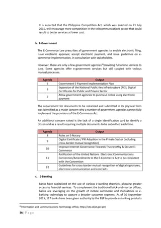 16 | P a g e
It is expected that the Philippine Competition Act, which was enacted on 21 July
2015, will encourage more competition in the telecommunications sector that could
result to better services at lower cost.
b. E-Government
The E-Commerce Law prescribes all government agencies to enable electronic filing,
issue electronic approval, accept electronic payment, and issue guidelines on e-
commerce implementation, in consultation with stakeholders.
However, there are only a few government agencies28
providing full online services to
date. Some agencies offer e-government services but still coupled with tedious
manual processes.
Agenda Output
5 Government E-Payment Implementation Plan
6
Expansion of the National Public Key Infrastructure (PKI), Digital
Certificates for Public and Private Sector
7
Allow government agencies to purchase online using electronic
payment
The requirement for documents to be notarized and submitted in its physical form
was identified as a major concern why a number of government agencies cannot fully
implement the provisions of the E-Commerce Act.
An additional concern raised is the lack of a single identification card to identify a
citizen and as a result requiring multiple documents to be submitted each time.
Agenda Output
8 Rules on E-Notary
9
Digital Certificate / PKI Adoption in the Private Sector (including
cross-border mutual recognition)
10
Improve Internet Governance Towards Trustworthy & Secure E-
Commerce
11
Ratification of the United Nations Electronic Communications
Convention/Amendments to the E-Commerce Act to be consistent
with the Convention
12
Guidelines for cross-border mutual recognition of digital signatures,
electronic communication and contracts
c. E-Banking
Banks have capitalized on the use of various e-banking channels, allowing greater
access to financial services. To complement the traditional brick-and-mortar offices,
banks are leveraging on the growth of mobile commerce and innovations in e-
banking technology to capture a broader customer segment. As of 30 September
2015, 117 banks have been given authority by the BSP to provide e-banking products
28
Information and Communications Technology Office, http://icto.dost.gov.ph/
 