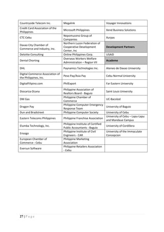 27 | P a g e
Countryside Telecom Inc. Megalink Voyager Innovations
Credit Card Association of the
Philippines
Microsoft Philippines Xend Business Solutions
CTC Cebu
Nepomuceno Group of
Companies
Xurpas
Davao City Chamber of
Commerce and Industry, Inc.
Northern Luzon Federation of
Cooperative Development
Center, Inc
Development Partners
Deloitte Consulting Online Philippines Corp. USAID
Dental Chorting
Overseas Workers Welfare
Administration – Region VII
Academe
DHL Paynamics Technologies Inc. Ateneo de Davao University
Digital Commerce Association of
the Philippines, Inc.
Peso Pay/Asia Pay Cebu Normal University
DigitalFilipino.com PhilExport Far Eastern University
Diocariza Ocana
Philippine Association of
Realtors Board - Baguio
Saint Louis University
DM Gas
Philippine Chamber of
Commerce
UC-Bacolod
Dragon Pay
Philippine Computer Emergency
Response Team
University of Baguio
Dun and Bradstreet Philippine Computer Society University of Cebu
Eastern Telecoms Philippines Philippine Franchise Association
University of Cebu – Lapu-Lapu
and Mandaue Campus
Elumba Technology, Inc.
Philippine Institute of Certified
Public Accountants - Baguio
University of Cordillera
Ensogo
Philippine Institute of Civil
Engineers - CAR
University of the Immaculate
Concepcion
European Chamber of
Commerce - Cebu
Philippine Marketing
Association
Eversun Software
Philippine Retailers Association
- Cebu
 