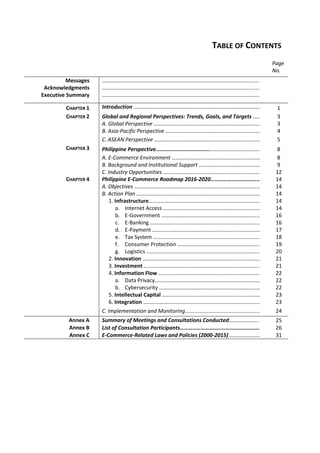 TABLE OF CONTENTS
Page
No.
Messages ………………………………………………………………………………………………...........
Acknowledgments ………………………………………………………………………………………………...........
Executive Summary ………………………………………………………………………………………………...........
CHAPTER 1 Introduction ………………………………………………………………………………...... 1
CHAPTER 2 Global and Regional Perspectives: Trends, Goals, and Targets ……... 3
A. Global Perspective ………………………………………………………………………. 3
B. Asia-Pacific Perspective ………………………………………………………………. 4
C. ASEAN Perspective …………………………………………………………………...... 5
CHAPTER 3 Philippine Perspective………………………………..…………………………………. 8
A. E-Commerce Environment ………………………………………………………… 8
B. Background and Institutional Support …………………………………………. 9
C. Industry Opportunities ……………………………………………….……………….. 12
CHAPTER 4 Philippine E-Commerce Roadmap 2016-2020………………………………… 14
A. Objectives ……………………………….………………………………..………………… 14
B. Action Plan ……………………………………………………………….…………………. 14
1. Infrastructure………………………………………………………………………….. 14
a. Internet Access …………………………………………….………………….. 14
b. E-Government ………………………………………….……………………… 16
c. E-Banking ………………………………………………………..……………….. 16
d. E-Payment ………………………………………………………..……………… 17
e. Tax System …………………………………………………………..………….. 18
f. Consumer Protection …………………………………………..………….. 19
g. Logistics ……………………………………………………………………………. 20
2. Innovation ……………………………………………………………….…………….. 21
3. Investment ……………………………………………………………..……………… 21
4. Information Flow …………………………………………………..………………. 22
a. Data Privacy……………………………………………………..………………. 22
b. Cybersecurity …………………………………………………..………………. 22
5. Intellectual Capital …………………………………………………..…………….. 23
6. Integration ………………………………………………………………..……………. 23
C. Implementation and Monitoring..................................................... 24
Annex A Summary of Meetings and Consultations Conducted………………........ 25
Annex B List of Consultation Participants…………………………………………………… 26
Annex C E-Commerce-Related Laws and Policies (2000-2015) ……………………… 31
 