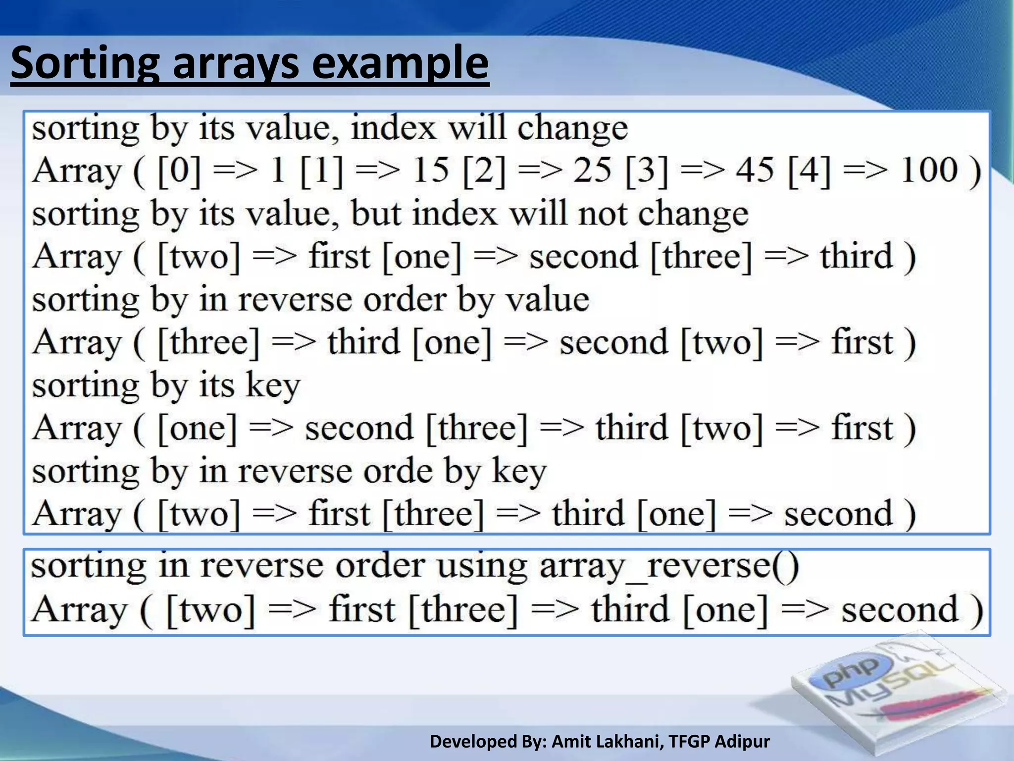 Sorting arrays example




                   Developed By: Amit Lakhani, TFGP Adipur
 