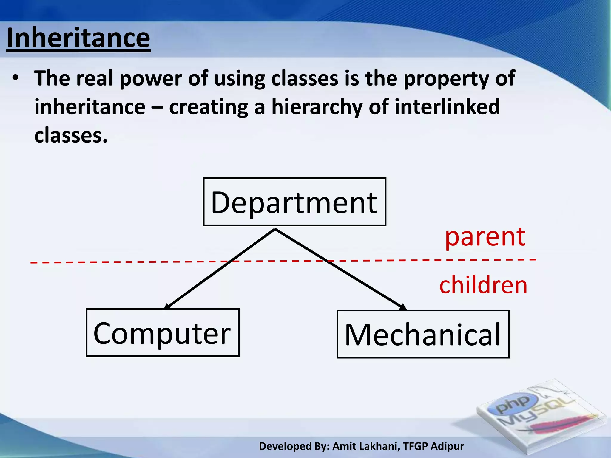 Inheritance
• The real power of using classes is the property of
  inheritance – creating a hierarchy of interlinked
  classes.

                    Department
                                                            parent
                                                           children
        Computer                         Mechanical


                         Developed By: Amit Lakhani, TFGP Adipur
 