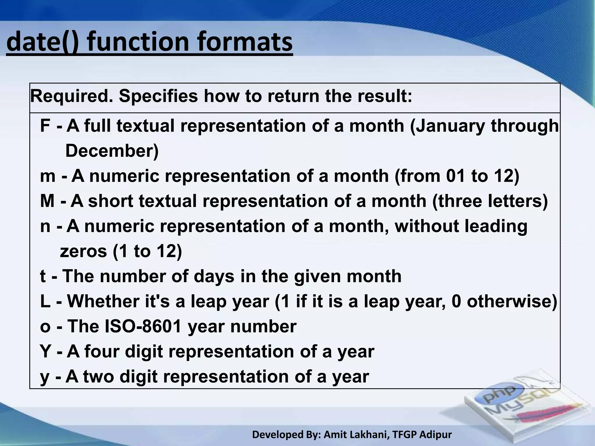 date() function formats
 Required. Specifies how to return the result:
  F - A full textual representation of a month (January through
       December)
  m - A numeric representation of a month (from 01 to 12)
  M - A short textual representation of a month (three letters)
  n - A numeric representation of a month, without leading
      zeros (1 to 12)
  t - The number of days in the given month
  L - Whether it's a leap year (1 if it is a leap year, 0 otherwise)
  o - The ISO-8601 year number
  Y - A four digit representation of a year
  y - A two digit representation of a year


                            Developed By: Amit Lakhani, TFGP Adipur
 