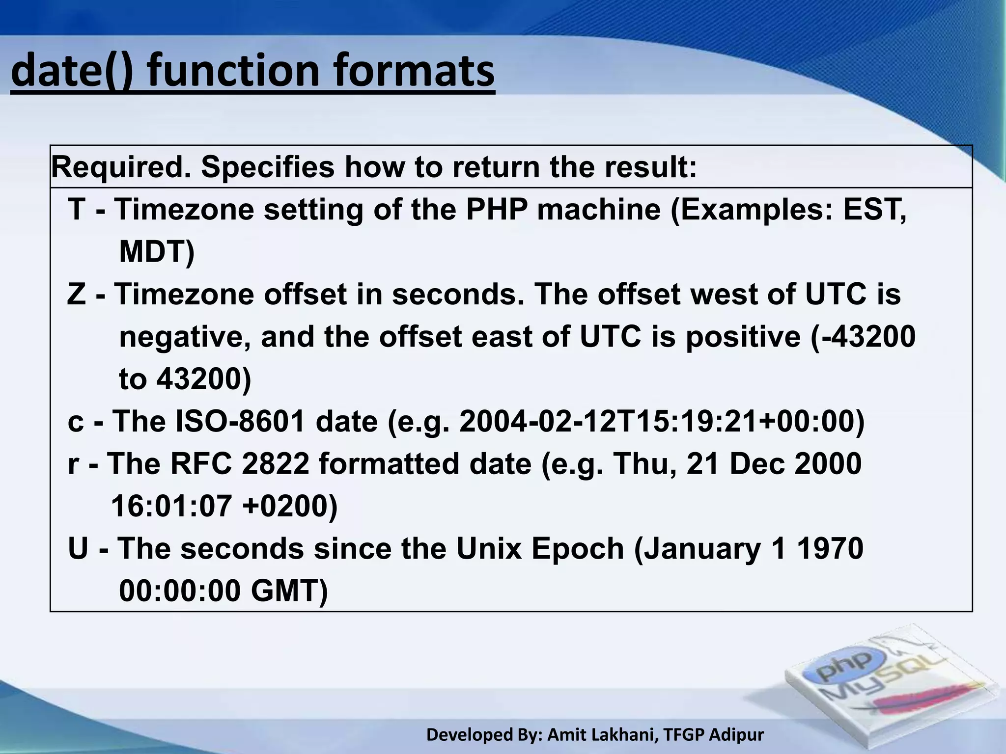 date() function formats
 Required. Specifies how to return the result:
  T - Timezone setting of the PHP machine (Examples: EST,
       MDT)
  Z - Timezone offset in seconds. The offset west of UTC is
       negative, and the offset east of UTC is positive (-43200
       to 43200)
  c - The ISO-8601 date (e.g. 2004-02-12T15:19:21+00:00)
  r - The RFC 2822 formatted date (e.g. Thu, 21 Dec 2000
      16:01:07 +0200)
  U - The seconds since the Unix Epoch (January 1 1970
       00:00:00 GMT)



                           Developed By: Amit Lakhani, TFGP Adipur
 