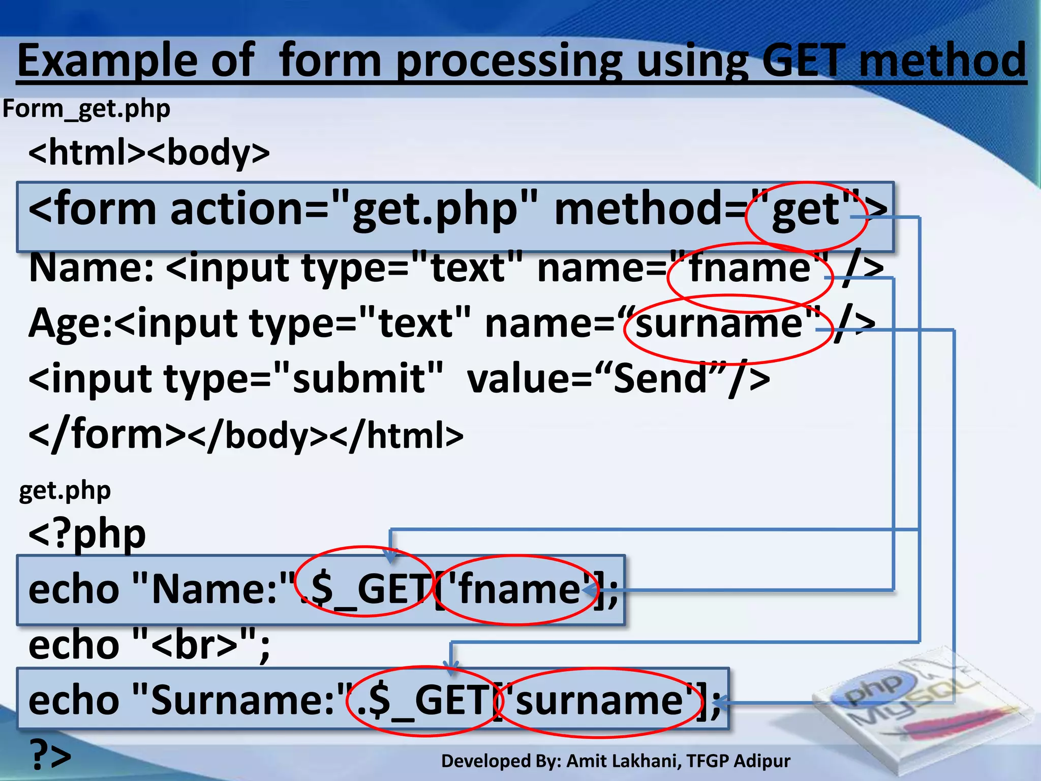 Example of form processing using GET method
Form_get.php
 <html><body>
 <form action="get.php" method="get">
 Name: <input type="text" name="fname" />
 Age:<input type="text" name=“surname" />
 <input type="submit" value=“Send”/>
 </form></body></html>
 get.php
 <?php
 echo "Name:".$_GET['fname'];
 echo "<br>";
 echo "Surname:".$_GET['surname'];
 ?>                 Developed By: Amit Lakhani, TFGP Adipur
 