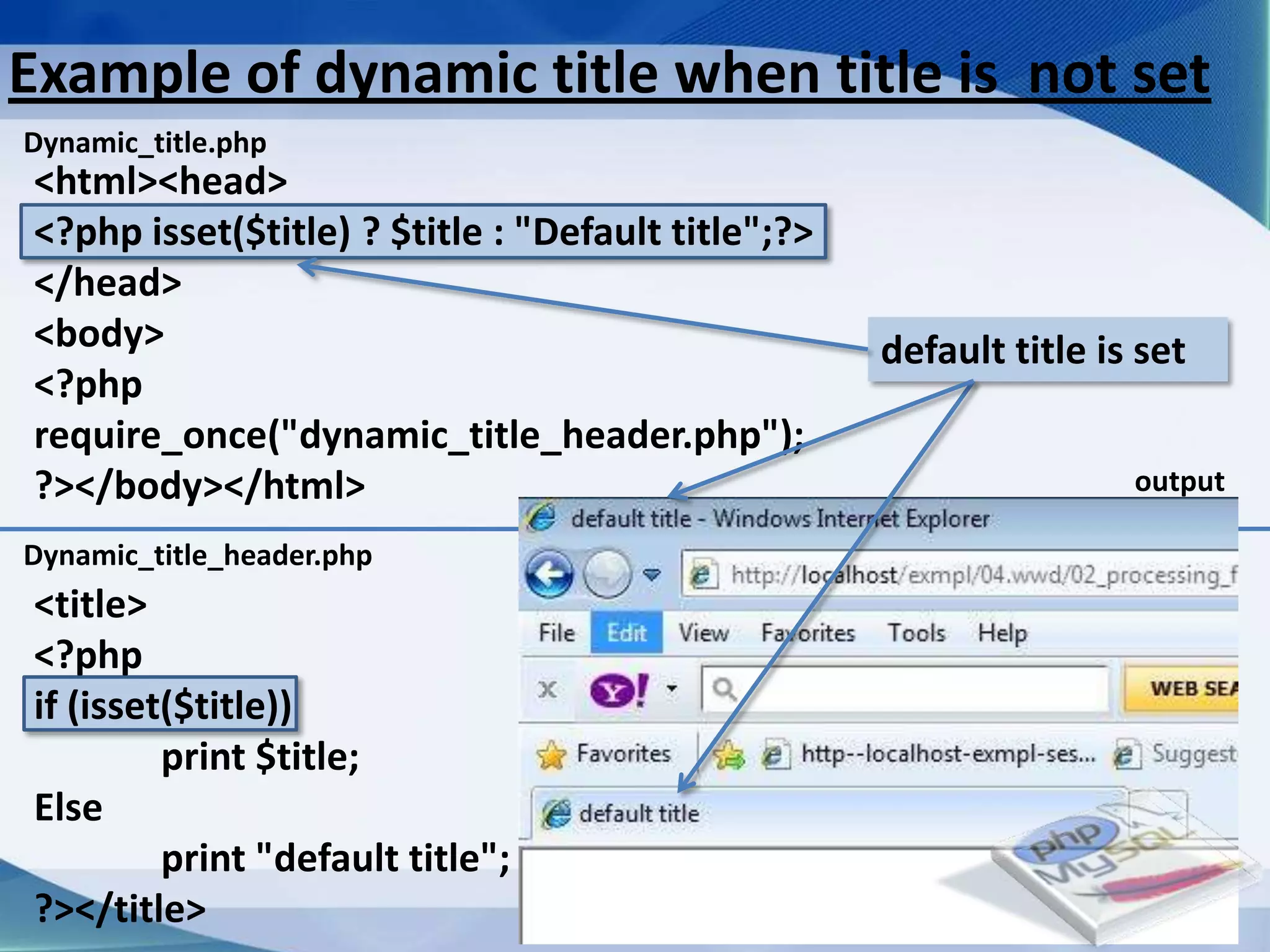 Example of dynamic title when title is not set
Dynamic_title.php
<html><head>
<?php isset($title) ? $title : "Default title";?>
</head>
<body>                                                           default title is set
<?php
require_once("dynamic_title_header.php");
?></body></html>                                                                 output

Dynamic_title_header.php
<title>
<?php
if (isset($title))
         print $title;
Else
         print "default title";
?></title>                        Developed By: Amit Lakhani, TFGP Adipur
 