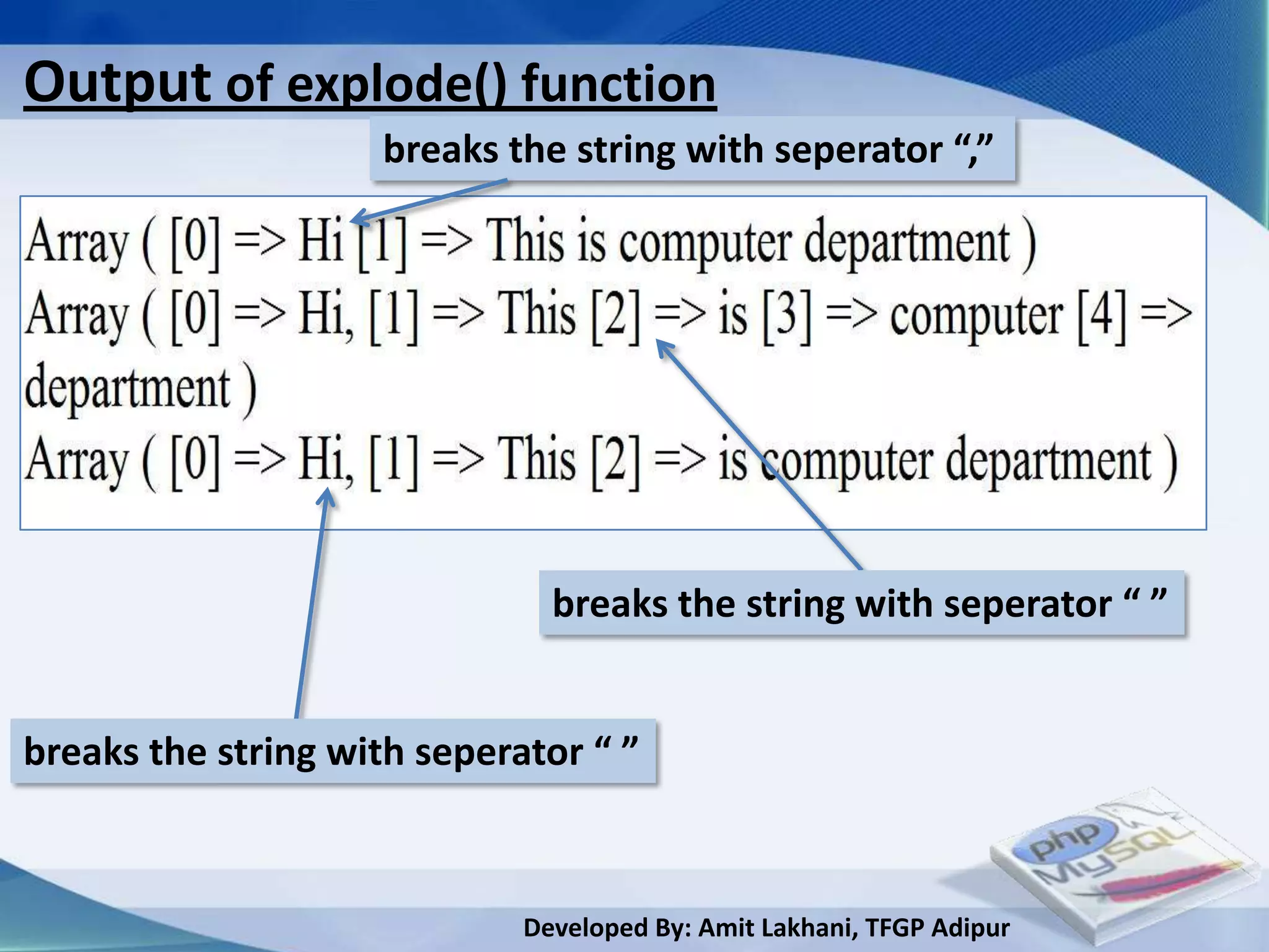 Output of explode() function
                     breaks the string with seperator “,”




                               breaks the string with seperator “ ”


breaks the string with seperator “ ”



                             Developed By: Amit Lakhani, TFGP Adipur
 
