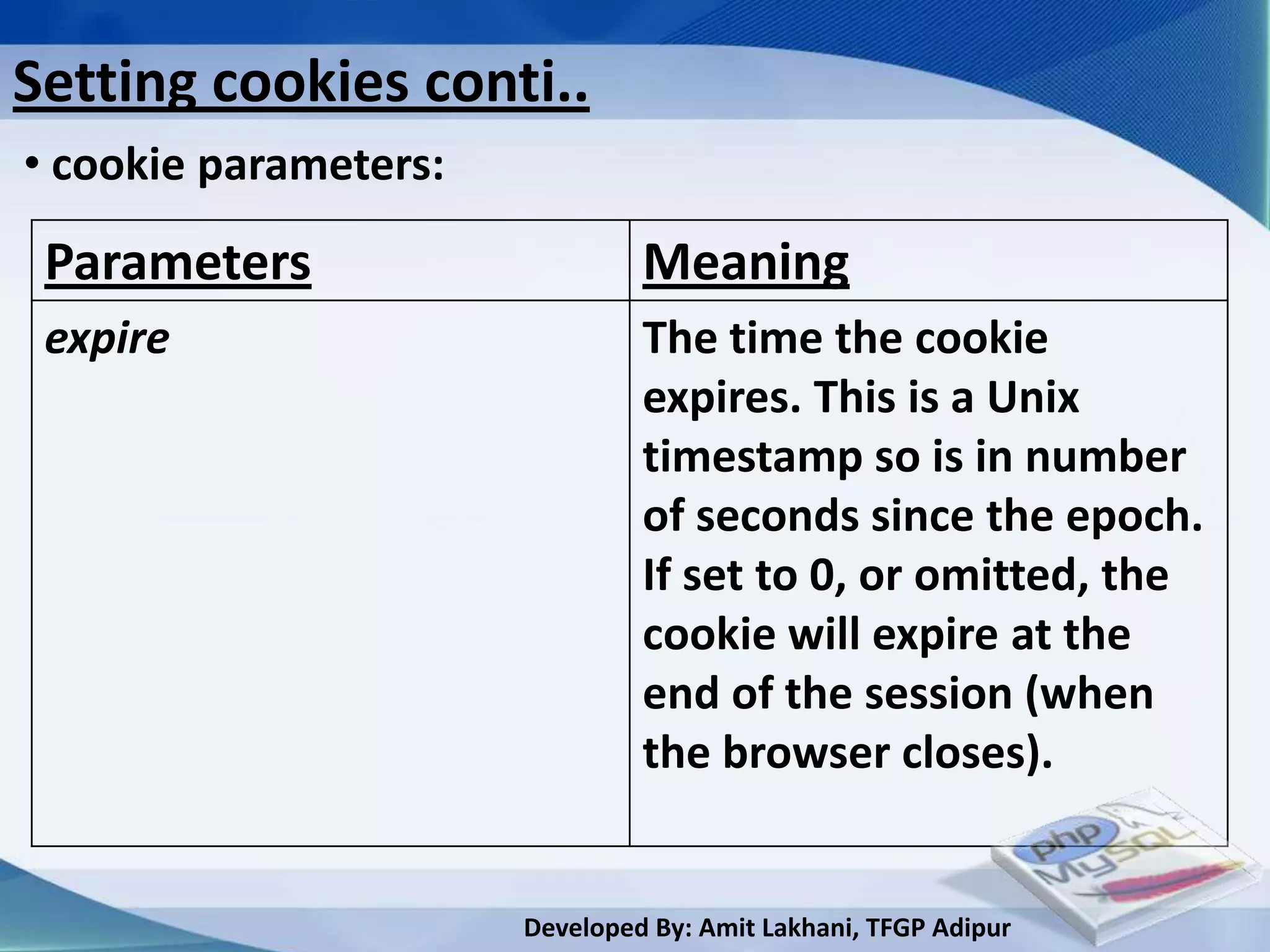 Setting cookies conti..
• cookie parameters:

 Parameters                     Meaning
 expire                         The time the cookie
                                expires. This is a Unix
                                timestamp so is in number
                                of seconds since the epoch.
                                If set to 0, or omitted, the
                                cookie will expire at the
                                end of the session (when
                                the browser closes).


                       Developed By: Amit Lakhani, TFGP Adipur
 