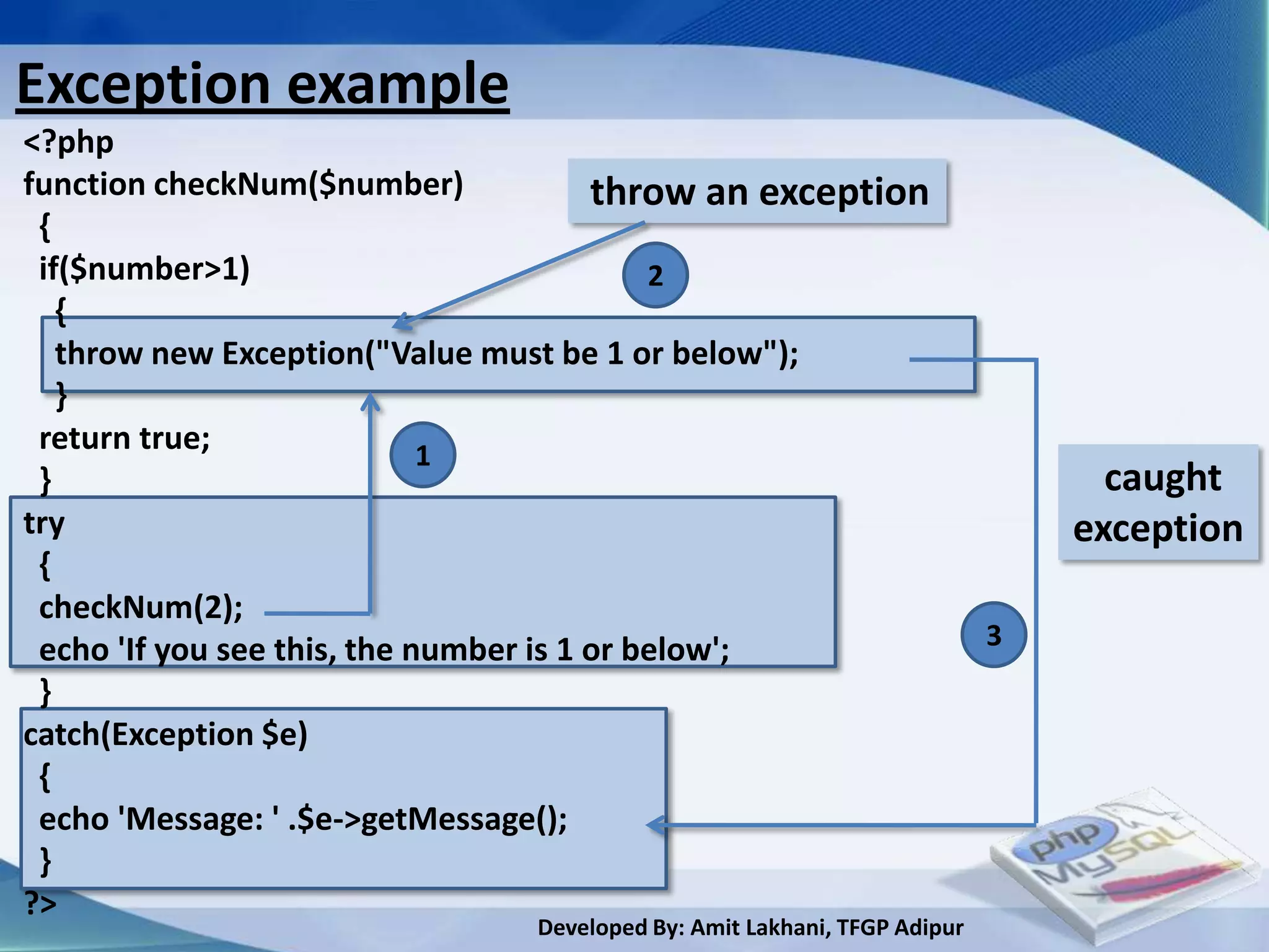 Exception example
<?php
function checkNum($number)              throw an exception
 {
 if($number>1)                              2
   {
   throw new Exception("Value must be 1 or below");
   }
 return true;                1
 }                                                                              caught
try                                                                           exception
 {
 checkNum(2);
 echo 'If you see this, the number is 1 or below';                        3
 }
catch(Exception $e)
 {
 echo 'Message: ' .$e->getMessage();
 }
?>
                                Developed By: Amit Lakhani, TFGP Adipur
 
