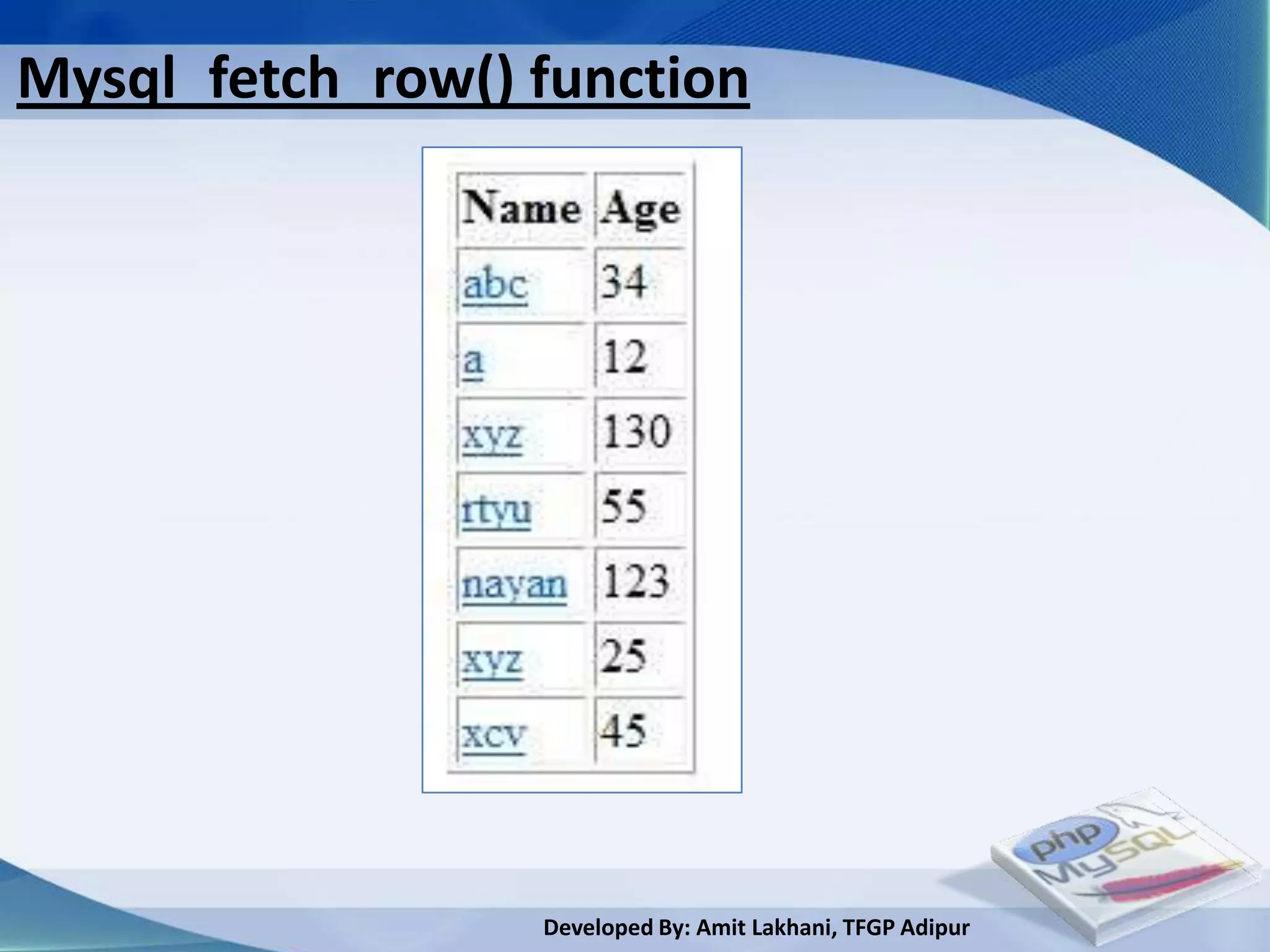Mysql_fetch_row() function




                  Developed By: Amit Lakhani, TFGP Adipur
 