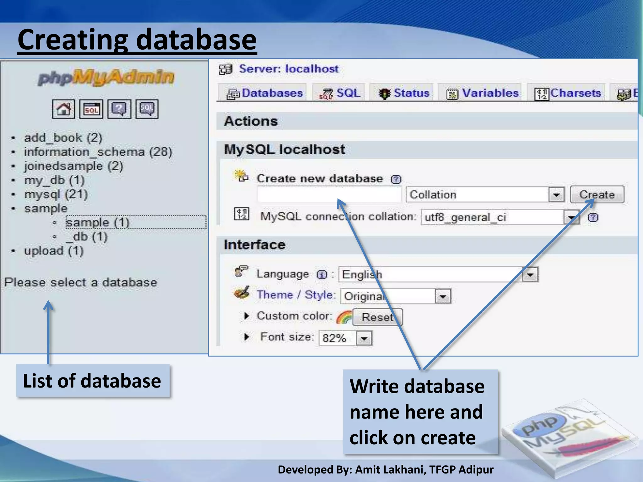 Creating database




List of database                Write database
                                name here and
                                click on create
                    Developed By: Amit Lakhani, TFGP Adipur
 
