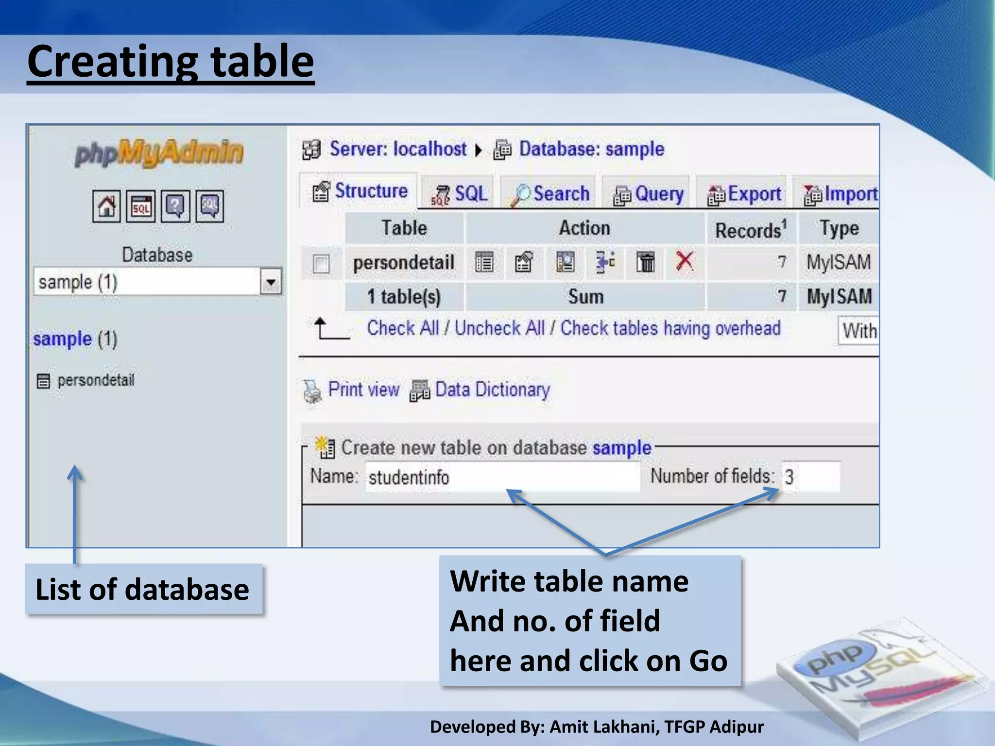 Creating table




List of database     Write table name
                     And no. of field
                     here and click on Go
                   Developed By: Amit Lakhani, TFGP Adipur
 