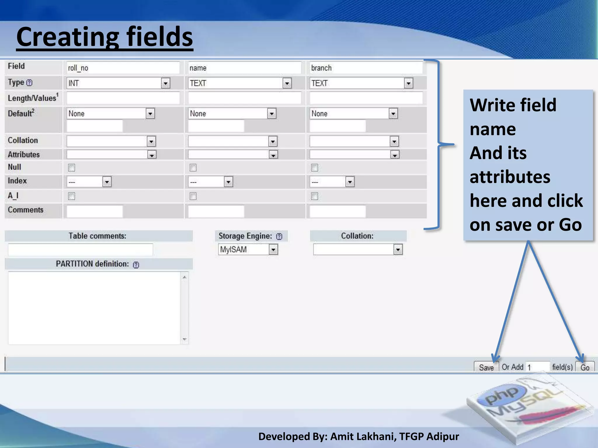 Creating fields

                                                            Write field
                                                            name
                                                            And its
                                                            attributes
                                                            here and click
                                                            on save or Go




                  Developed By: Amit Lakhani, TFGP Adipur
 