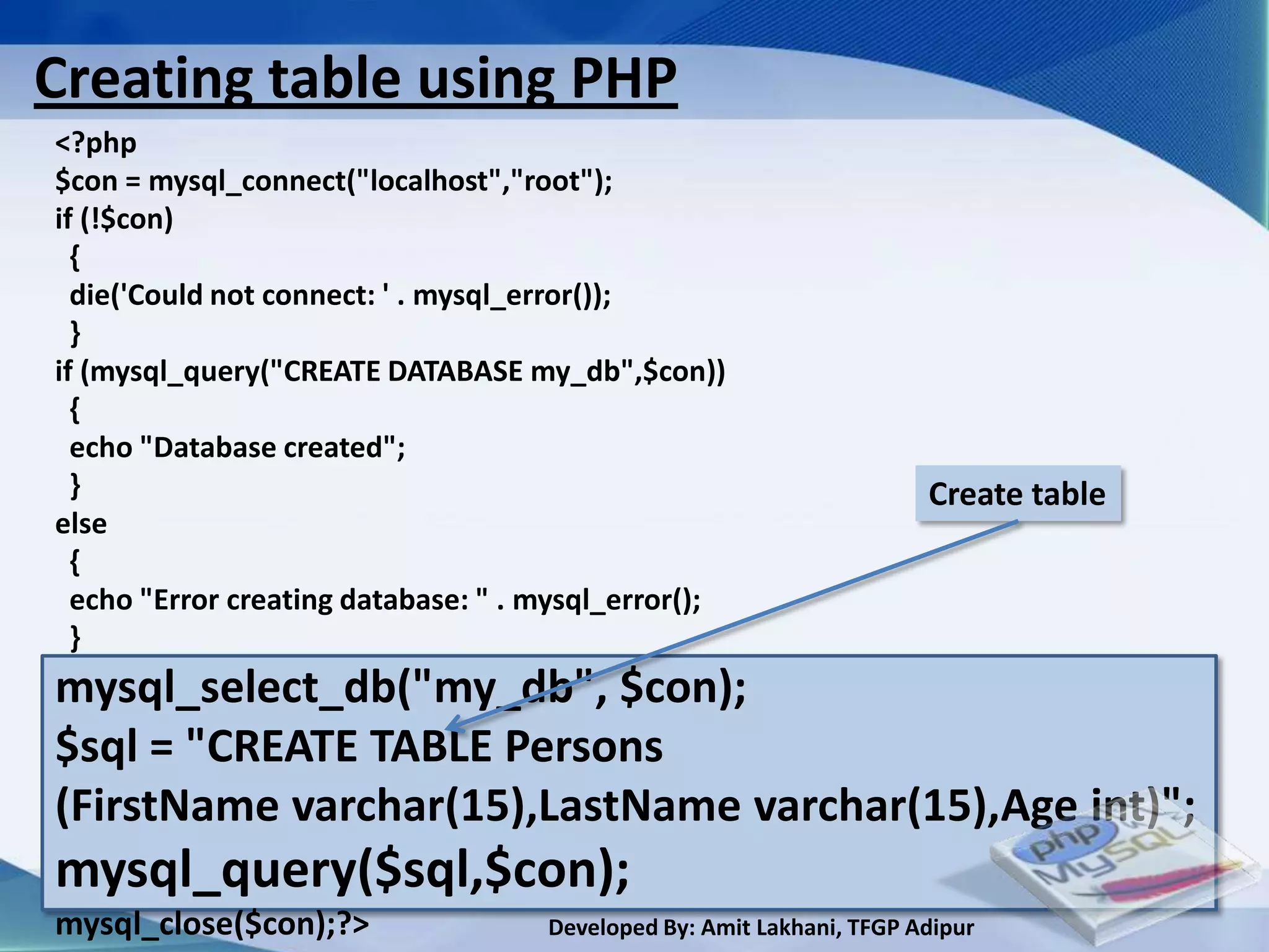 Creating table using PHP
<?php
$con = mysql_connect("localhost","root");
if (!$con)
  {
  die('Could not connect: ' . mysql_error());
  }
if (mysql_query("CREATE DATABASE my_db",$con))
  {
  echo "Database created";
  }                                                                    Create table
else
  {
  echo "Error creating database: " . mysql_error();
  }
mysql_select_db("my_db", $con);
$sql = "CREATE TABLE Persons
(FirstName varchar(15),LastName varchar(15),Age int)";
mysql_query($sql,$con);
mysql_close($con);?>                 Developed By: Amit Lakhani, TFGP Adipur
 