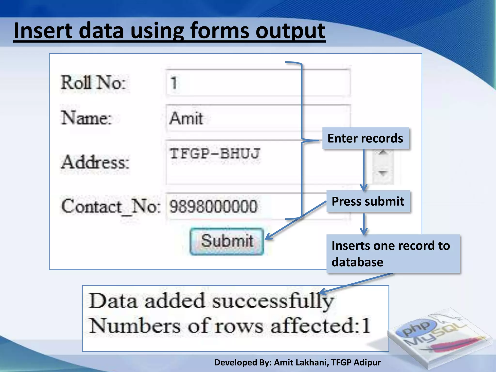Insert data using forms output



                                             Enter records



                                              Press submit


                                              Inserts one record to
                                              database




                   Developed By: Amit Lakhani, TFGP Adipur
 