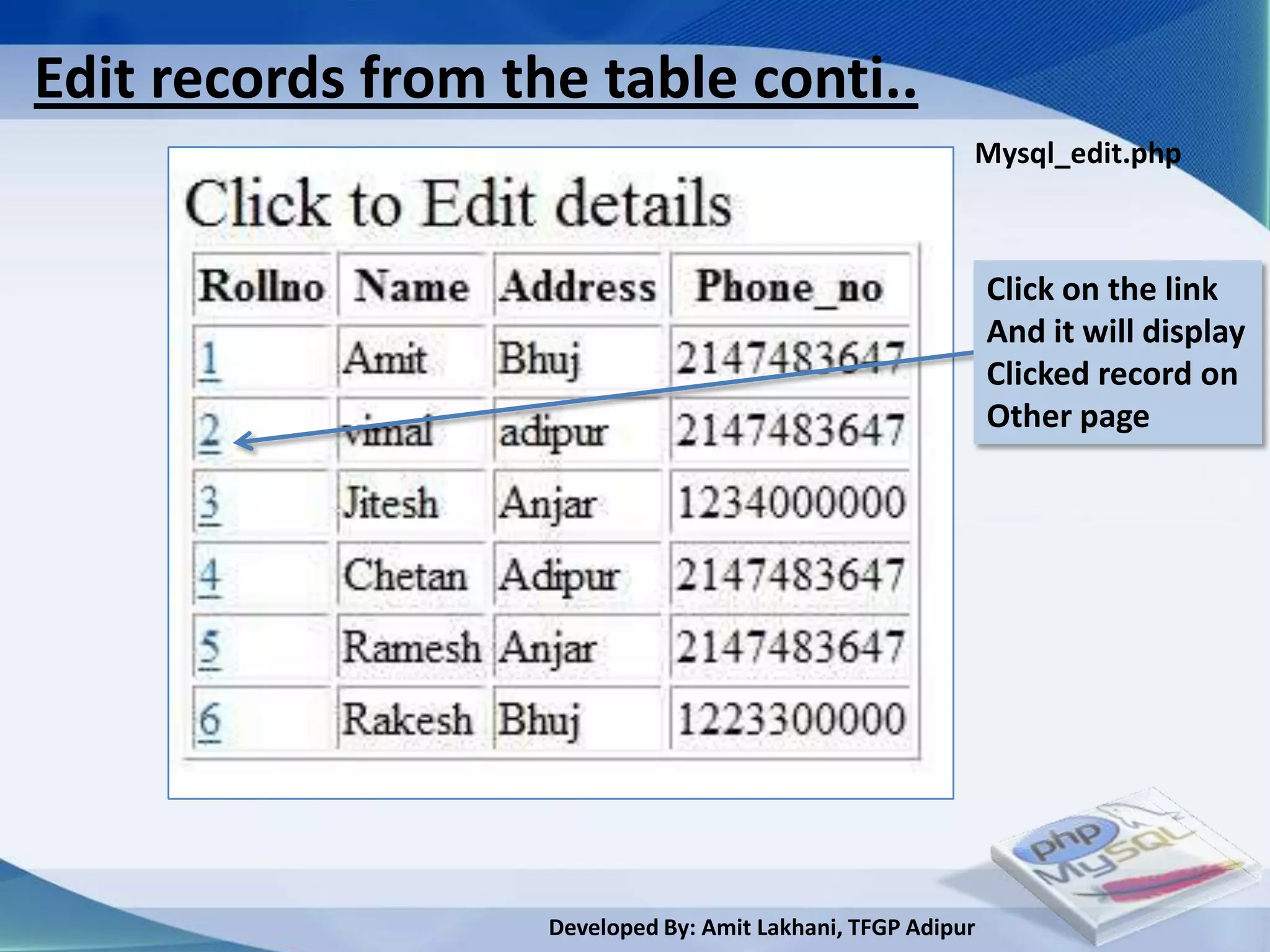 Edit records from the table conti..
                                                          Mysql_edit.php



                                                              Click on the link
                                                              And it will display
                                                              Clicked record on
                                                              Other page




                    Developed By: Amit Lakhani, TFGP Adipur
 