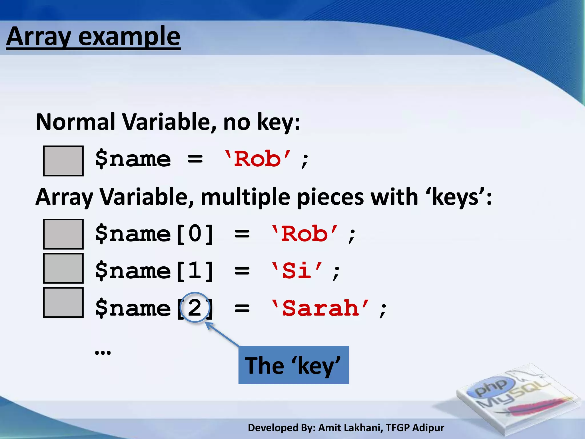 Array example

  Normal Variable, no key:
       $name = ‘Rob’;
  Array Variable, multiple pieces with ‘keys’:
       $name[0] = ‘Rob’;
       $name[1] = ‘Si’;
       $name[2] = ‘Sarah’;
       …
                     The ‘key’

                      Developed By: Amit Lakhani, TFGP Adipur
 